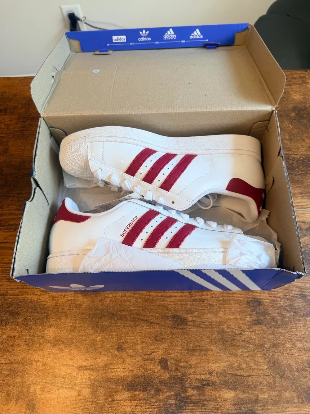 Adidas Men’s Superstar Leather Sneaker - White with Red Stripes 11M